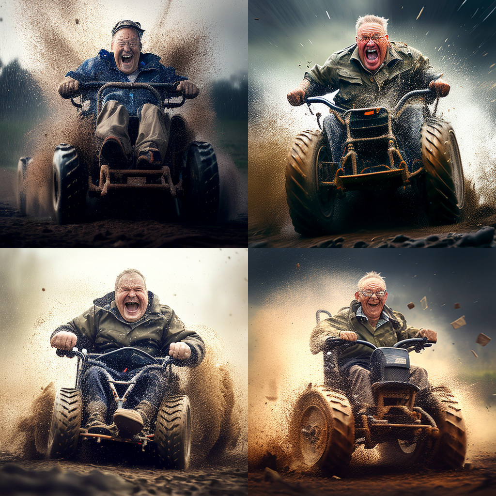 Grandfather driving very fast in wheelchair with big wheels through mud, mud splashes, rain, he laughs, photorealistic, very dynamic, details, 8K