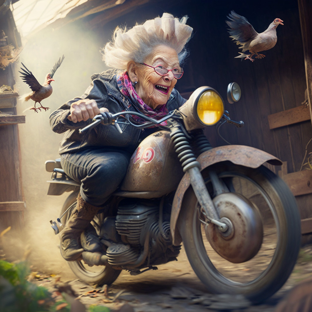 Grandma riding very fast motorcycle with big wheels in chicken coop, She laughing, photorealistic, very dynamic, many chickens fluttering around, details, 8K