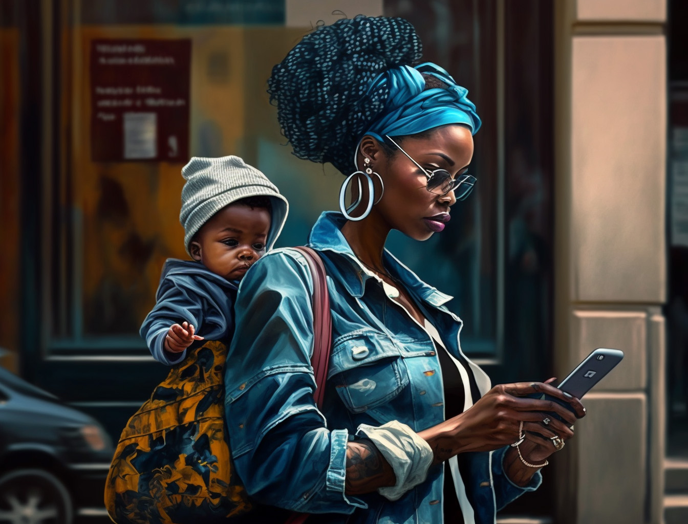 a woman walking on the sidewalk with a phone in her hand, hip-hop style, lifelike figures, she carries a baby with her, shot on 70mm, the blue rider, multilayered, street style --ar 4:3