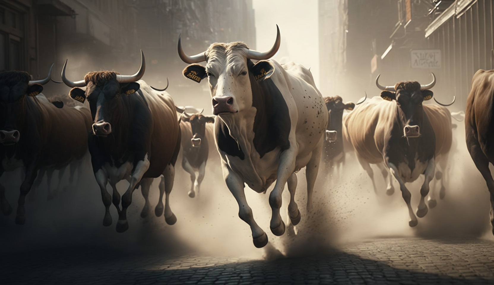 wild huge herd of cows running very fast and wild through the streets of NewYork, lots of dust, photorealistic, very dynamic, details, hyper detailes, hdr, hd, realism, fine art digital, 8K, --ar 16:9